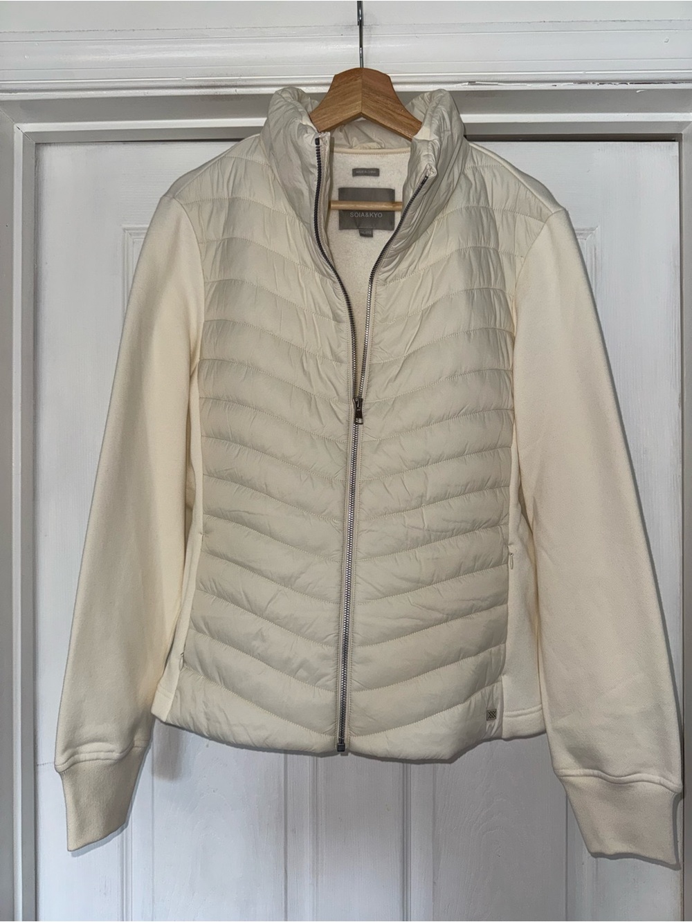 Soia & Kyo Mixed Media Jacket Puffer Front Knit Sleeves 2XL White